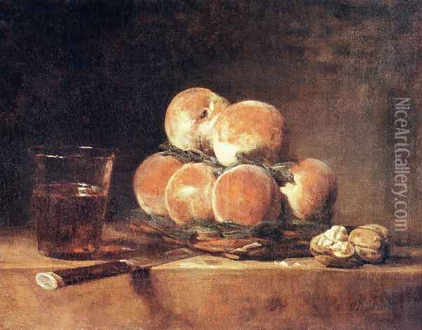 A Basket Of Peaches Oil Painting - Jean-Baptiste-Simeon Chardin