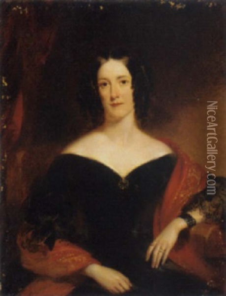 Portrait Of Marie Louise Mcmullin, Nee Lenferna De Laresta, In A Black Dress And Red Shawl Oil Painting - John Wood