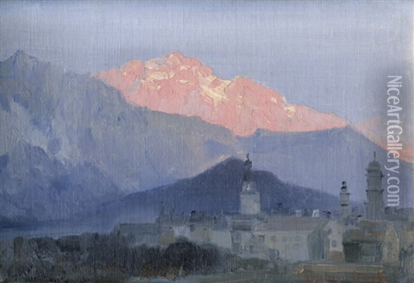 Barocke Alpenstadt Vor Gebirgskulisse Zur Blauen Stunde (rattenberg Am Inn?) Oil Painting - Anders Andersen-Lundby