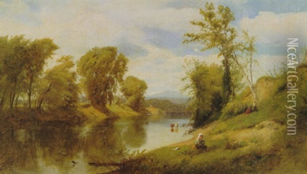 River Landscape With Figures Oil Painting - William M. Hart