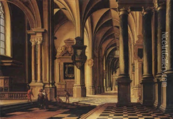 A Chruch Interior With Elegant Company Conversing In The Aisle Oil Painting - Bartholomeus Van Bassen