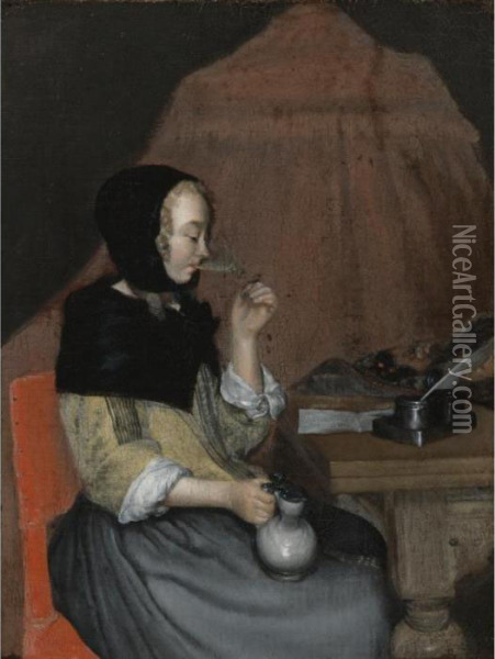 A Young Woman Drinking Oil Painting - Gerard Terborch