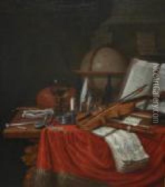Musical Instruments, Watch, 
Roemer Of Wine, Globe, Open Book And Clay Pipe On A Cloth Covered Table Oil Painting - Edwart Collier