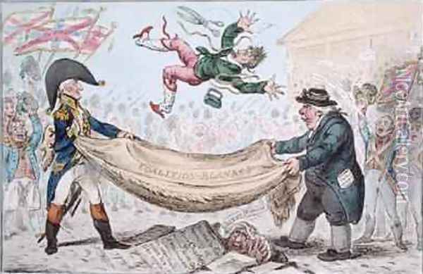 The high flying Candidate ie Little Paul Goose mounting from a Blanket Oil Painting - James Gillray