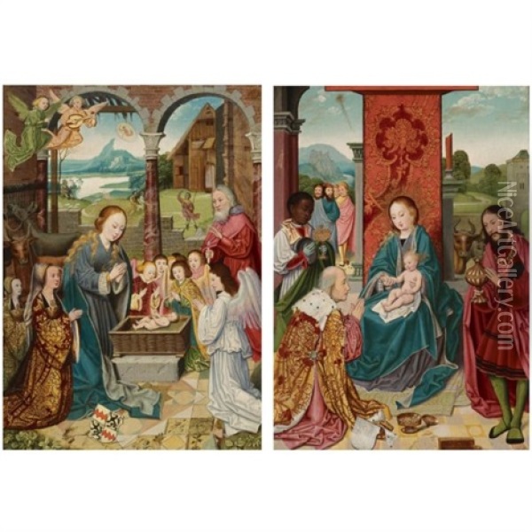 The Nativity With Two Members Of The Manderscheid-blankenheim Family (+ The Adoration Of The Kings; 2 Works) Oil Painting - Bartholomaeus Bruyn the Elder