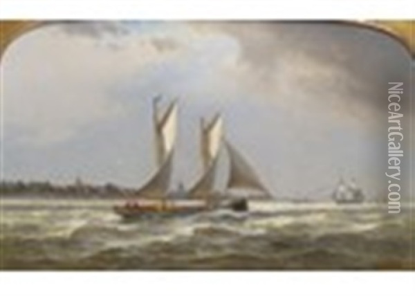 The Royal London Yacht Club Yacht Merrimac Off The Coast Of Holland Near Cuxhaven In 1865 Oil Painting - Franz Johann (Wilhelm) Huenten