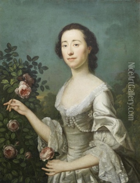 Portrait Of A Lady, Half-length, In A White Dress, Holding A Rose Oil Painting - Allan Ramsay