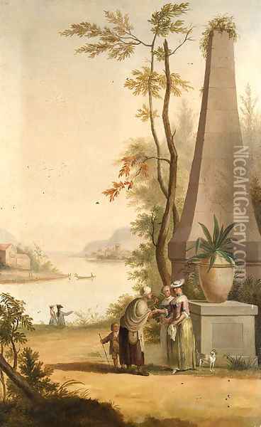 A Fortune Teller and other Figures in extensive river Landscapes Oil Painting - Pieter Norbertus Van Reysschoot