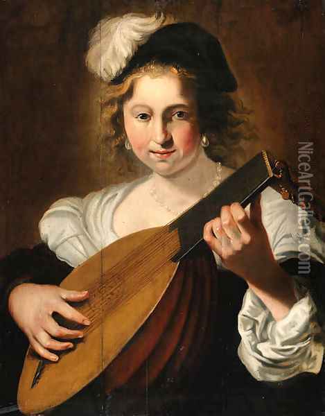 A lady playing a lute Oil Painting - Christiaen van Couwenbergh