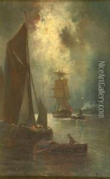 Shipping In The Moonlight Oil Painting - James Walter Gozzard