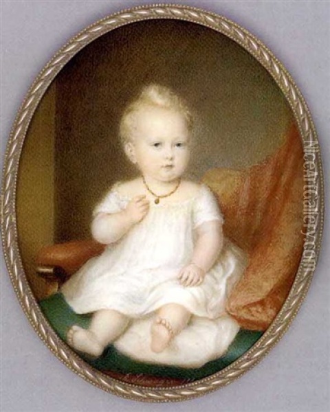 A Child Seated On A Green Cushion In A Red Upholstered Chair Draped With Red Stole, In White Dress, Coral And Gold Necklace, Short Curling Fair Hair, Pillar Background Oil Painting - Richard Schwager