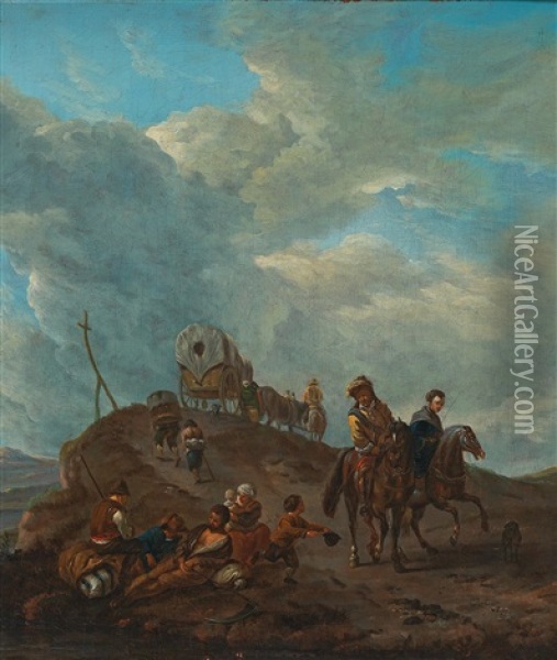Peasants And Huntsmen On A Hilly Country Road Oil Painting - Philips Wouwerman