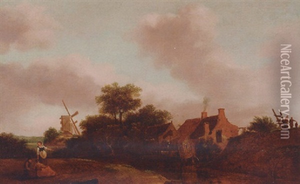 A River Landscape With Peasants Resting On A Bank, Cottages And A Windmill Beyond Oil Painting - Emanuel Murant