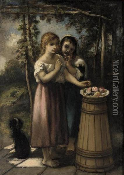 Two Girls By A Fruitbowl Oil Painting - Narcisse-Virgile D Az De La Pena