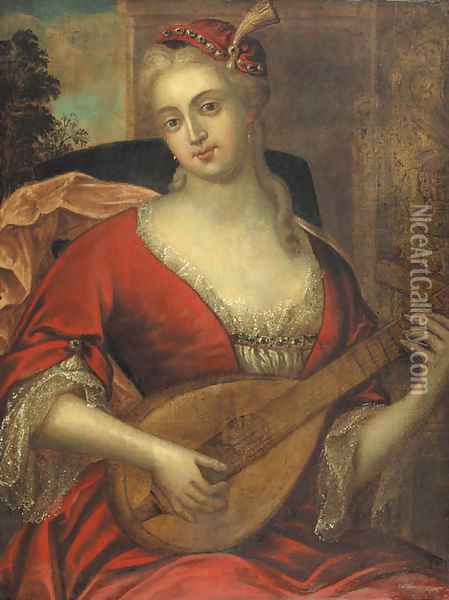 Portrait of a lady wearing a red dress with lace chemise and feathered red cap, playing the lute Oil Painting - French School