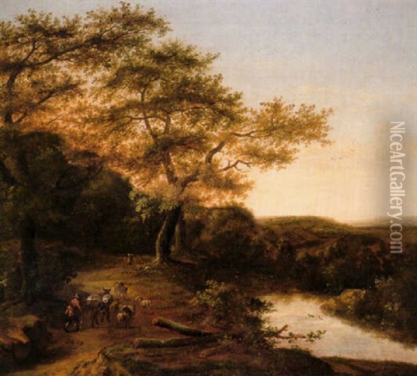 A Wooded Landscape With A Herdsman By A River Oil Painting - Jan Dirksz. Both
