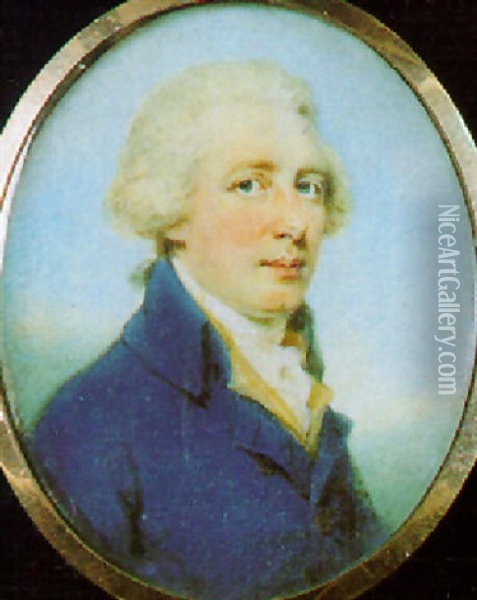 A Gentleman With Powdered Hair En Queue, Wearing Blue Coat Oil Painting - Edward Miles
