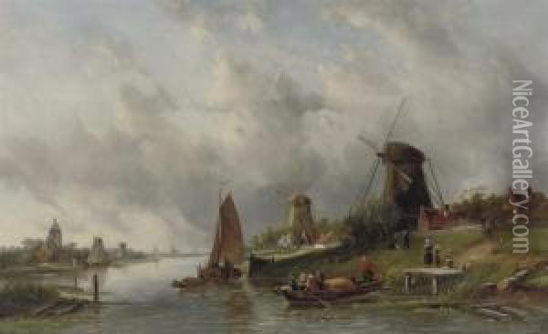 A Ferry Crossing A Busy River Oil Painting - Charles Henri Leickert