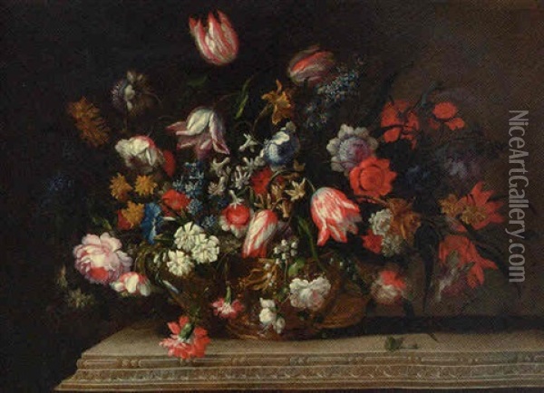 Tulips, Narcissi, Daffodils, Hyacinths, Carnations, Anemones, Bluebells, Morning Glory And Other Flowers Oil Painting - Jean-Baptiste Belin de Fontenay the Elder