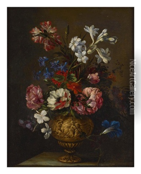 A Still Life Of Roses, Hyacinths, Carnations, And Other Flowers In An Ornamental Vase Depicting The Flaying Of Marsyas Oil Painting - Nicolas Baudesson