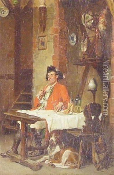 Tavern Scene Of A Gentleman With Pipe And Dog Oil Painting - Francois Adolphe Grison