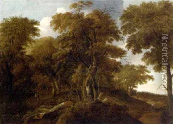 An Extensive Wooded Landscape With Travellers On A Track Oil Painting - Jan De Lagoor