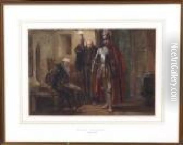 A 17th Century Soldier Confronting A Monk In His Chamber. Oil Painting - George Cattermole
