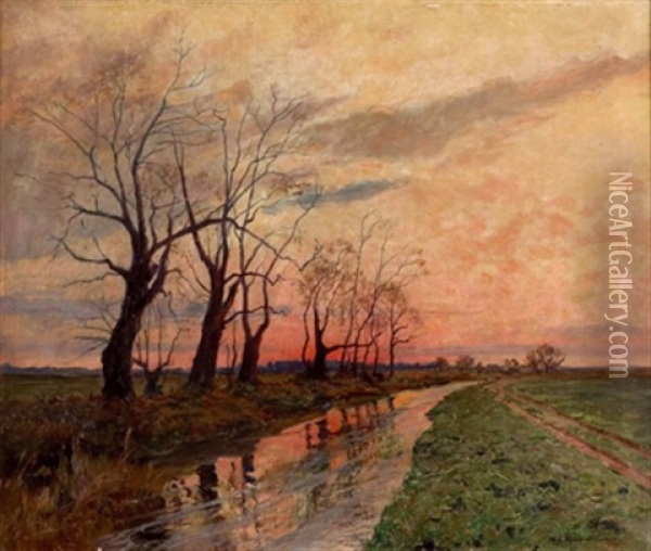 Flusslandschaft Bei Abendrot Oil Painting - Michael Gorstkin-Wywiorski