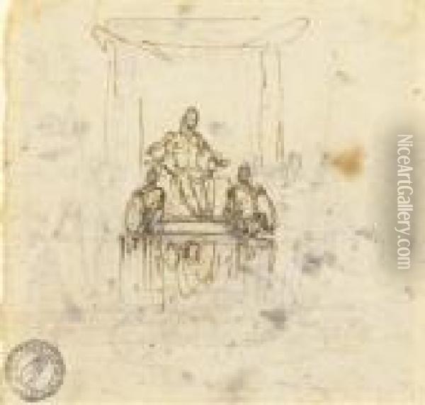 Un Monument Avec Une Figure Assise Flanquee De Deux Soldats Oil Painting - Lodovico Pozzoserrato (see Toeput, Lodewijk)
