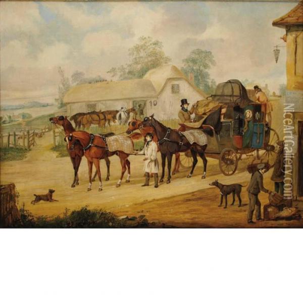 A Coach Stopping At An Inn Oil Painting - Henry Thomas Alken