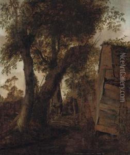 A Wooded Landscape With A Peasant Outside A Barn Oil Painting - Roelof van Vries
