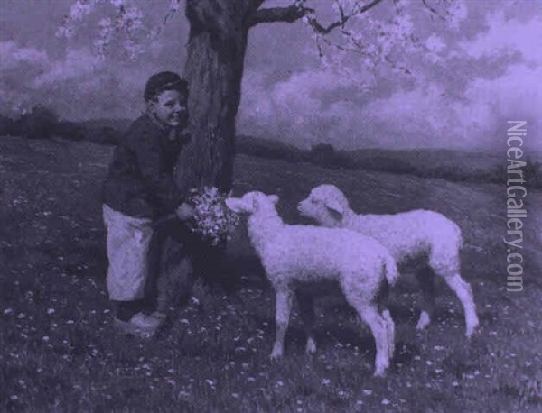 Teasing The Lambs Oil Painting - Karl Feiertag