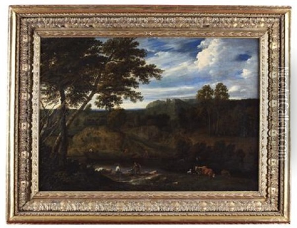 A Wooded River Landscape With Barge, Figures And Animals Oil Painting - Jan Baptiste Huysmans
