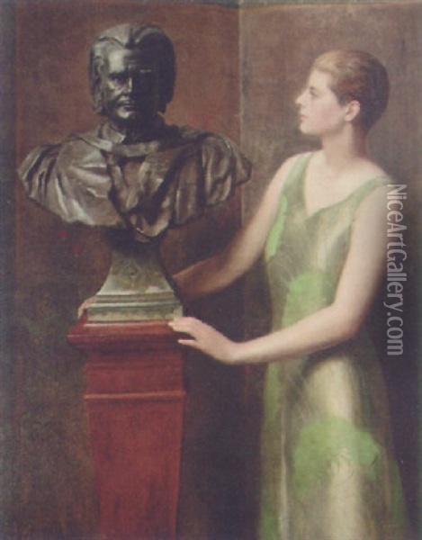 Portrait Of A Lady In A Green Dress By A Bronze Bust Of A Scholar Oil Painting - John Collier