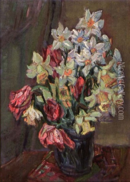 Bouquet De Fleurs Au Vase Bleu Oil Painting - Henri Epstein