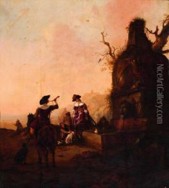 Hunting Party By A Fountain Oil Painting - Pieter Cornelisz. Verbeeck