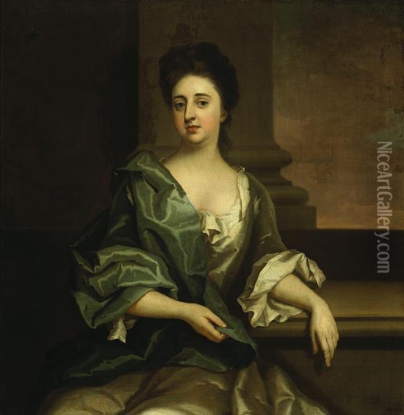 A Portrait Of A Lady, 
Three-quarter Length,seated, Wearing A White Satin Dress With A Green 
Wrap And Leaningon A Balustrade Oil Painting - Sir Godfrey Kneller
