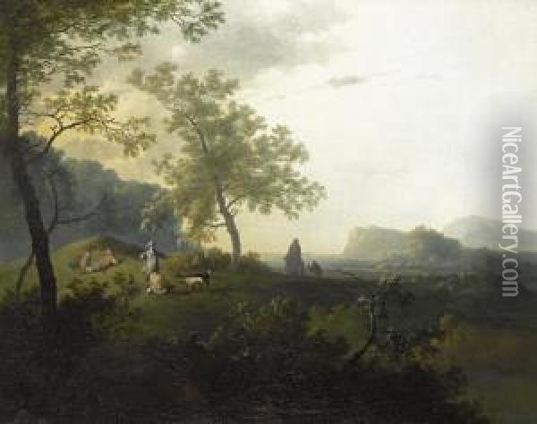 Hunting Party In A Wood, An Italianate Coastallandscape Beyond Oil Painting - Adam Pynacker