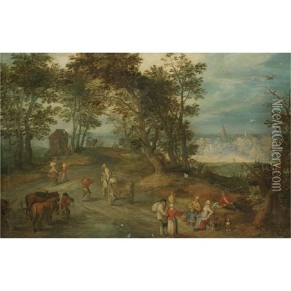 Landscape With Figures On A Road Through A Wood Oil Painting - Jan Brueghel the Elder
