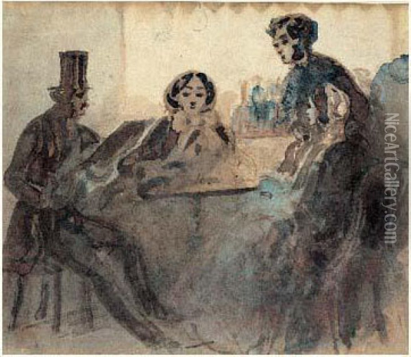 Deux Femmes Et Un Homme Dans Un Cafe Oil Painting - Constantin Guys