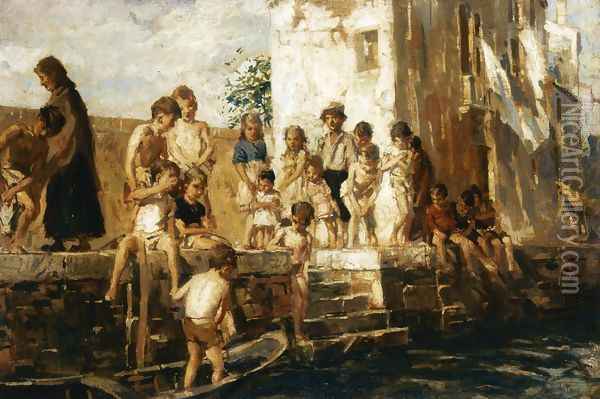Afternoon along the Canal Oil Painting - Ettore Tito