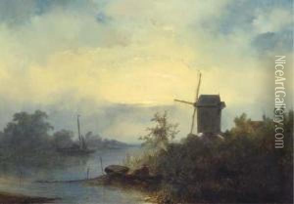 Smoking Eels On A River In Moonlight Oil Painting - Johannes Franciscus Hoppenbrouwers