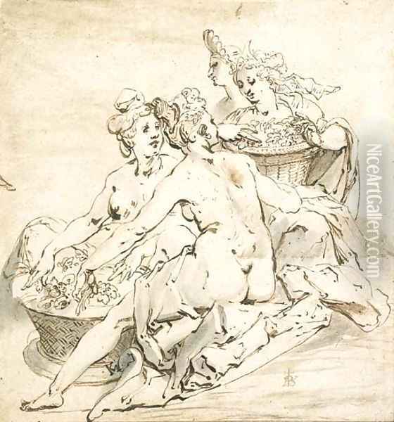 A group of four nude women holding two baskets of flowers Oil Painting - Karel Van Mander