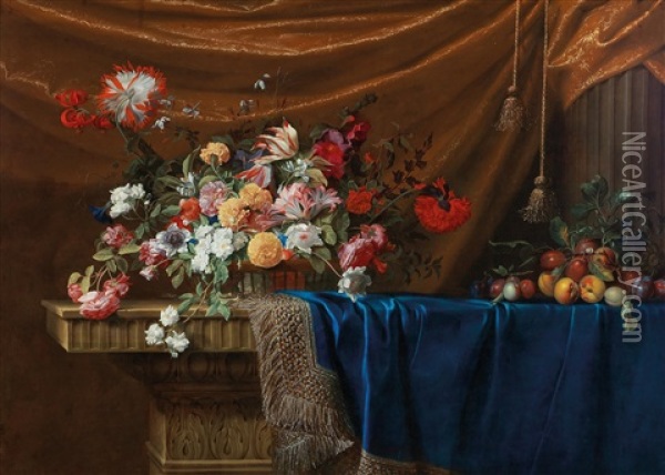 A Still Life Of A Basket Of Flowers And A Mound Of Fruit On A Sculpted Stone Table Oil Painting - Jean-Michel Picart