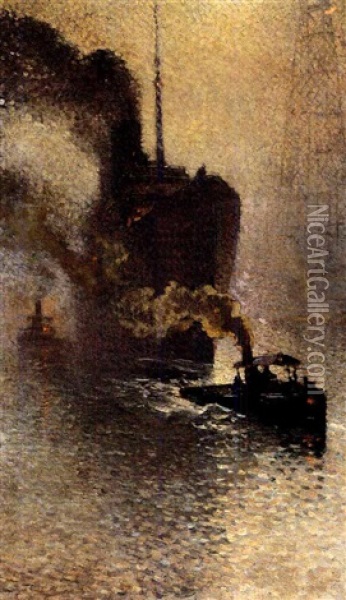 Escorte Sur La Tamise Dans Le Brouillard Oil Painting - Emile Claus