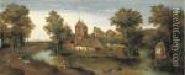 A Moated Tower With Farmhouses Oil Painting - Abel Grimmer