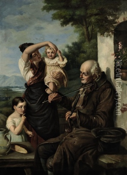 Geigender Bettler Und Mutter Mit Zwei Kindern Oil Painting - Joseph Haier