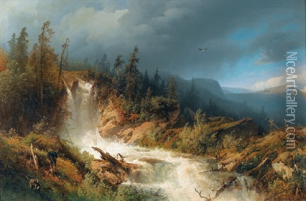 Wilde Gebirgslandschaft Mit Wasserfall Und Jager Oil Painting - Hermann Herzog