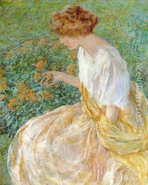 The Yellow Flower (or The Artist's Wife in the Garden) Oil Painting - Robert Reid