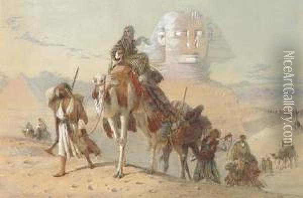 Caravan With The Pyramids And Sphinx Beyond Oil Painting - Joseph-Austin Benwell